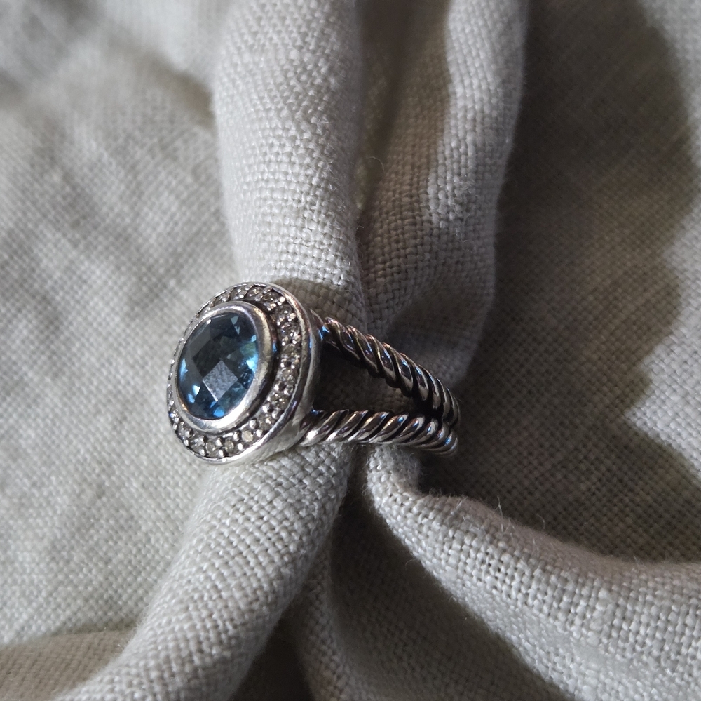 David Yurman Petite Cerise Ring in Blue Topaz & Diamonds, SS, Size 4.5 - Picture 11 of 15
